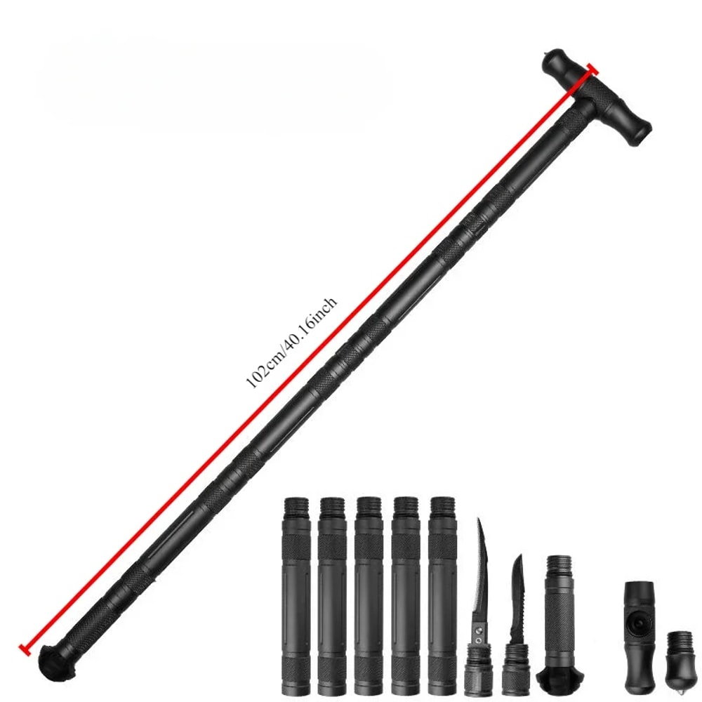 Portable Folding Walking Stick, Tungsten Steel Alpenstock, T-type Self-defense Stick for Camping and Hiking