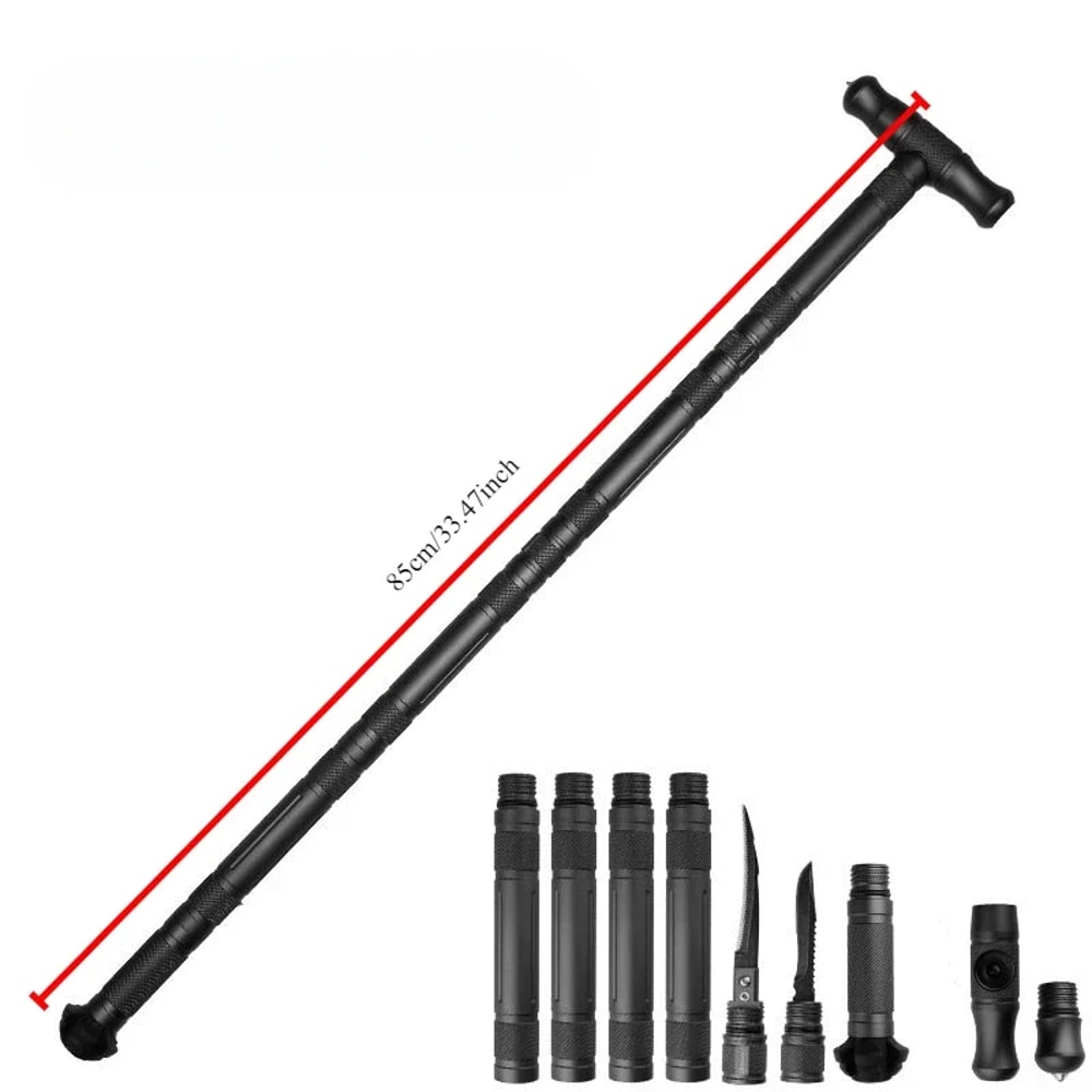Portable Folding Walking Stick, Tungsten Steel Alpenstock, T-type Self-defense Stick for Camping and Hiking