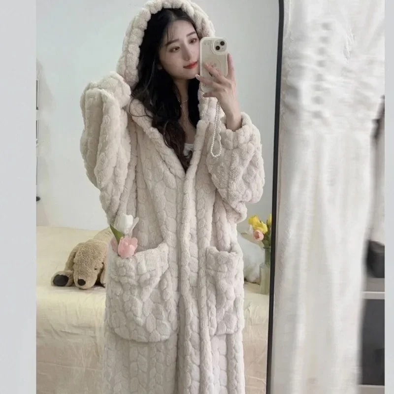 Winter Nightdress, Pocket Robe for Women, Warm Fleece Pajama, Hooded Nightgown, One Piece Homewear