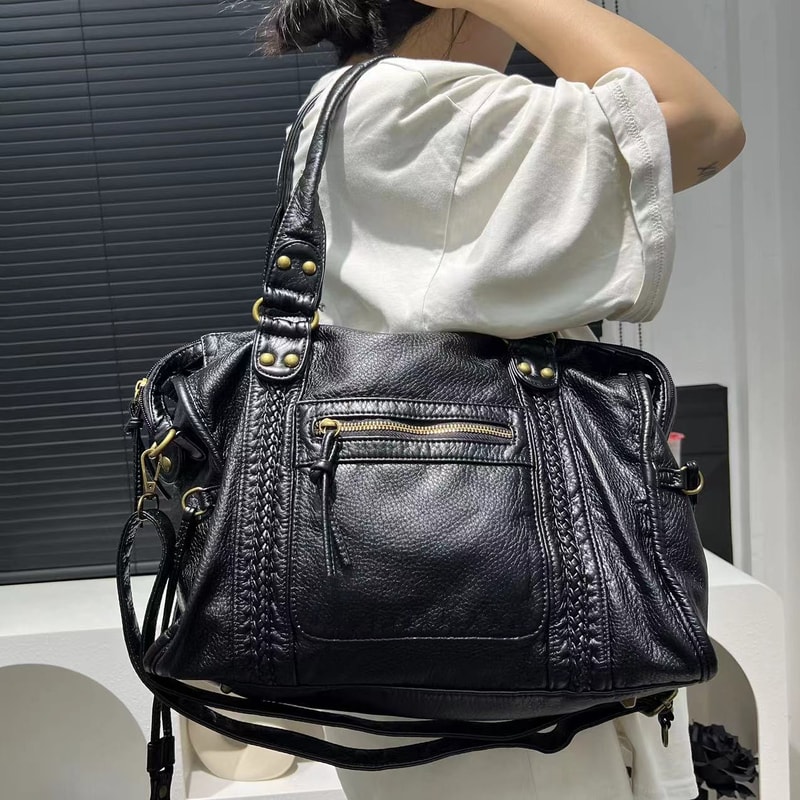 Washed Distressed Shoulder Motorcycle Bag, Large Capacity Crossbody Handbag