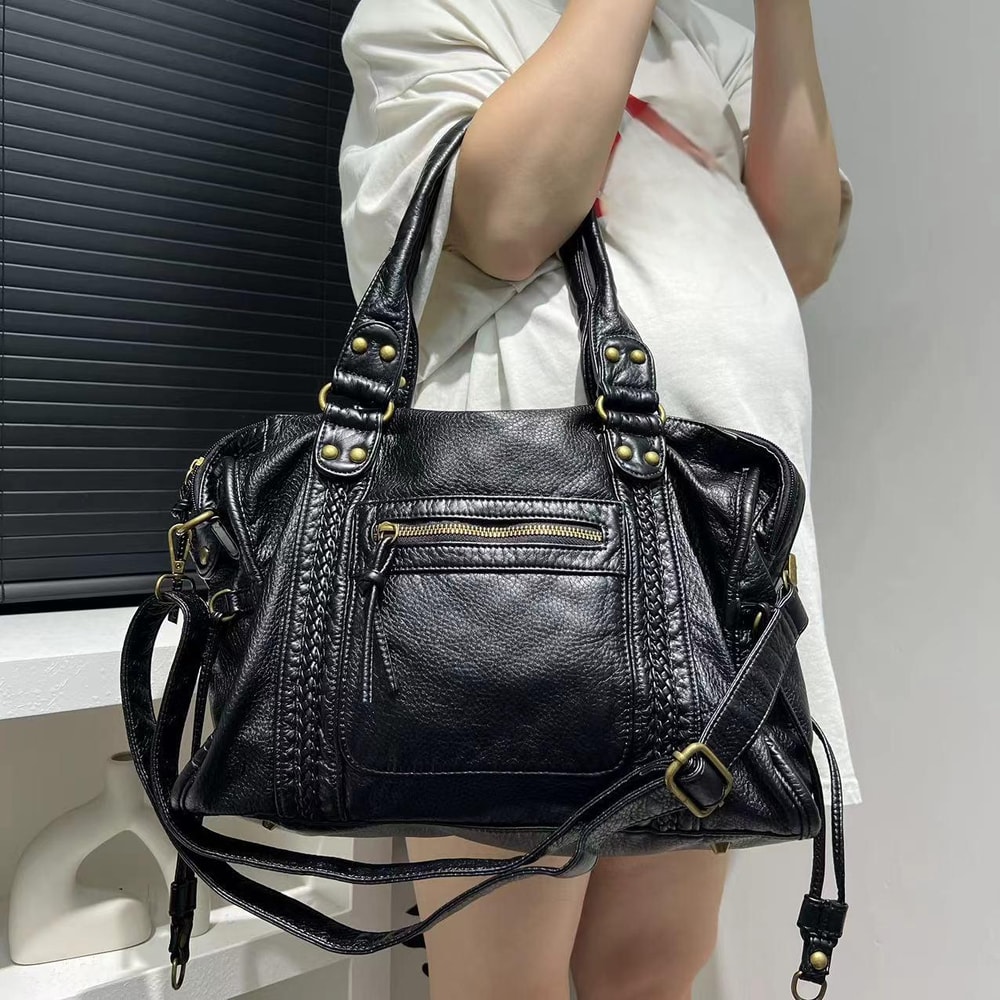 Washed Distressed Shoulder Motorcycle Bag, Large Capacity Crossbody Handbag