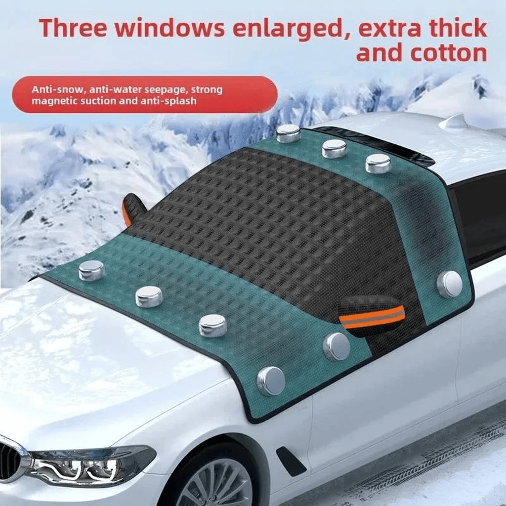 outdoor parked car with windshield snow protector