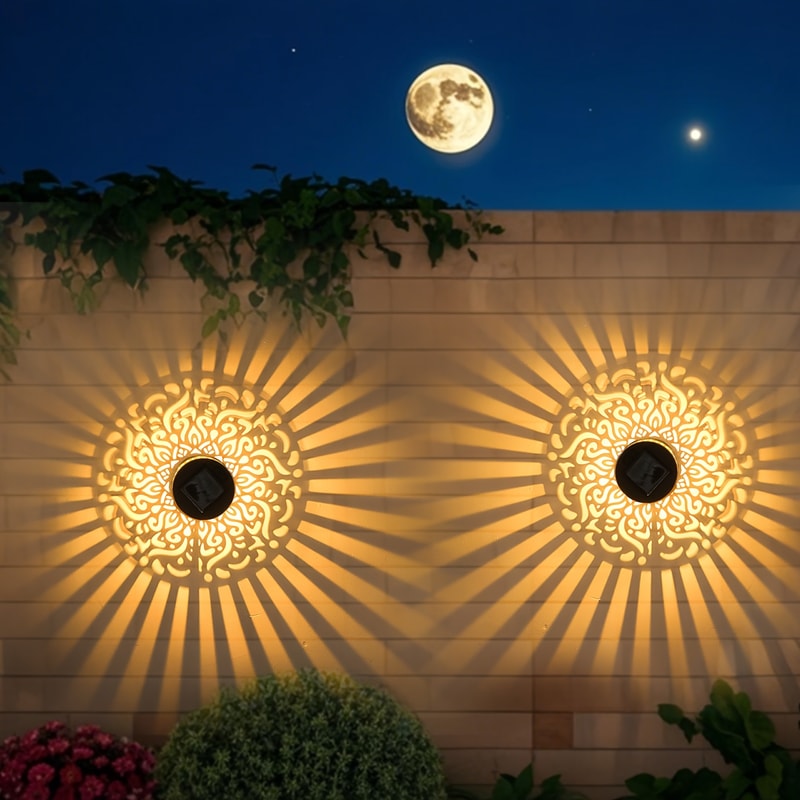 LED Solar Lights for Garden, Fence Lights with Cut-Out Design for Outdoor Wall and Step Illumination