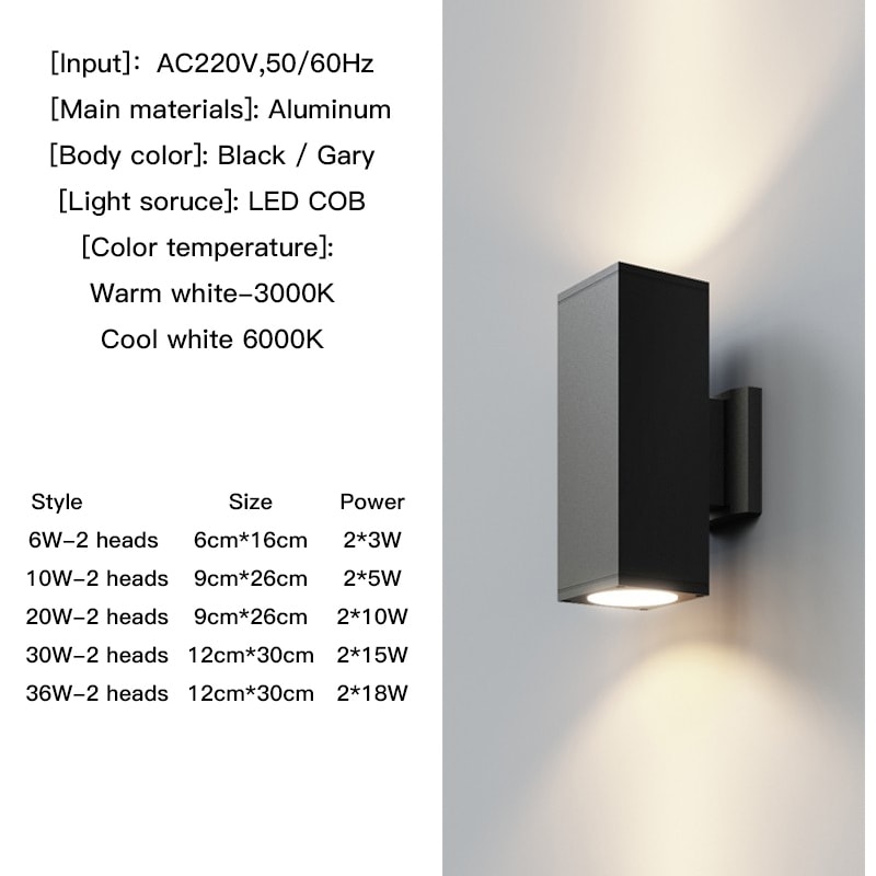 Outdoor Wall Light, Black Gray Up Down Waterproof Porch Garden Light