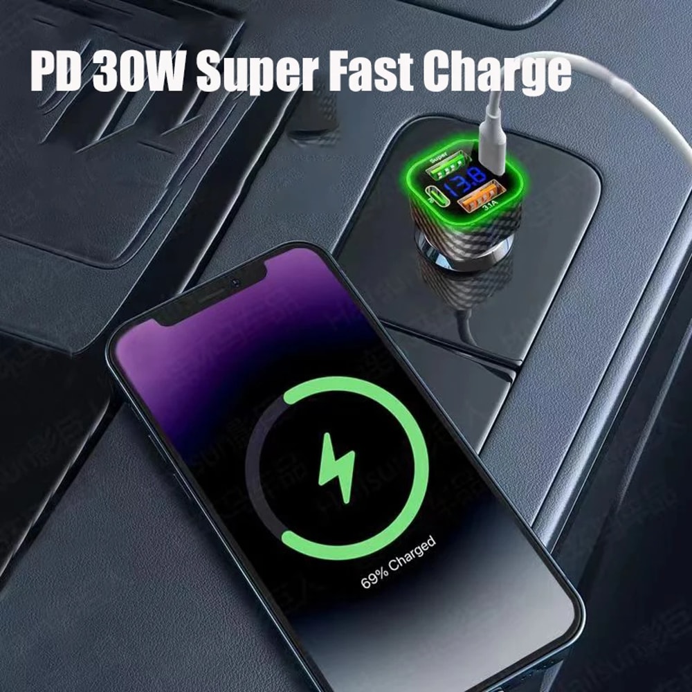 Super Fast Car Phone Charger Dual PD Voltage Display Adapter For IPhone Xiaomi Oppo Vivo Samsung 2