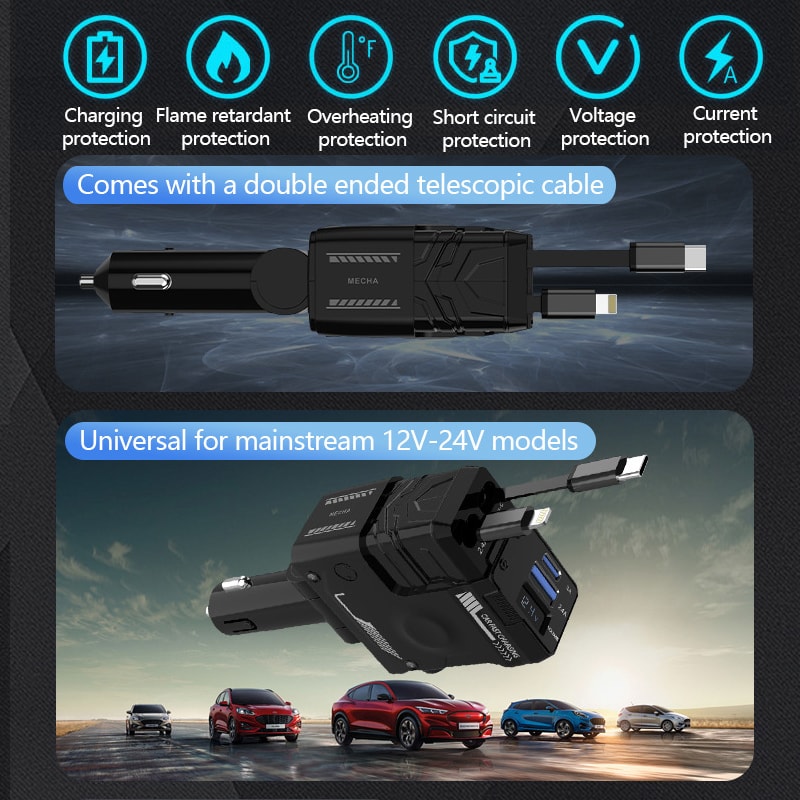 Car Charger Adapter For IPhone Samsung Fast Charging Car Charging Cable Ports 4