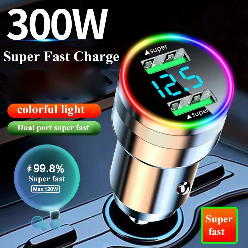 Super Fast Charging Car Adapter with LED Light, Voltage Monitor for iPhone, Samsung, Huawei, OPPO