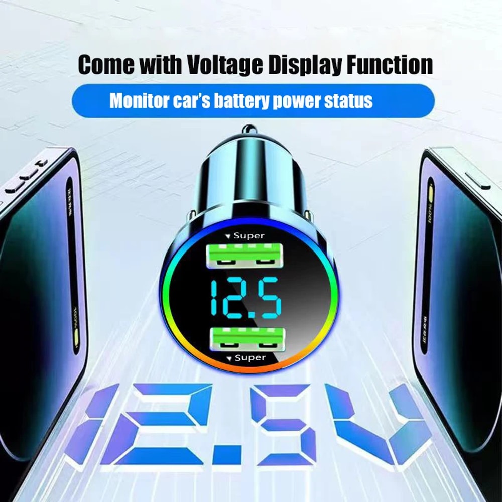 Super Fast Charging Car Adapter with LED Light, Voltage Monitor for iPhone, Samsung, Huawei, OPPO