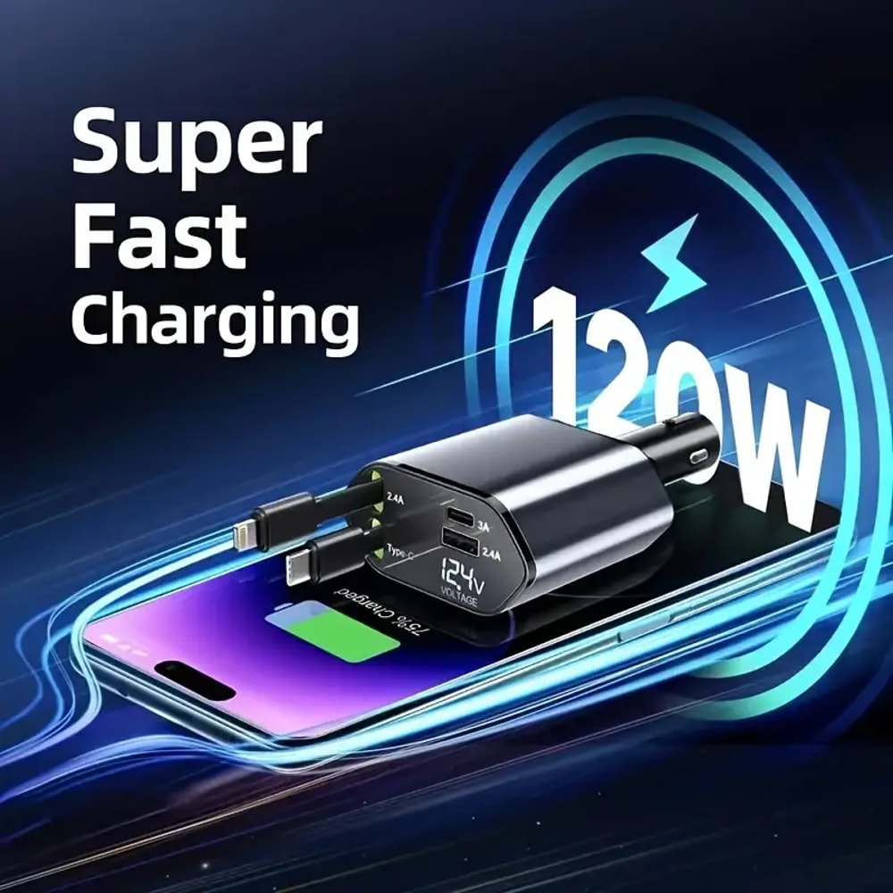 USB Type C Fast Charger Cable Retractable Car Cigarette Lighter Adapter For IPhone Samsung 0