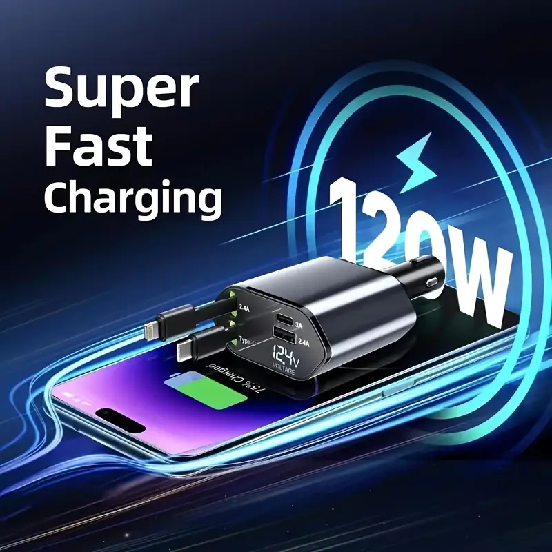 USB Type C Fast Charger Cable Retractable Car Cigarette Lighter Adapter For IPhone Samsung 0