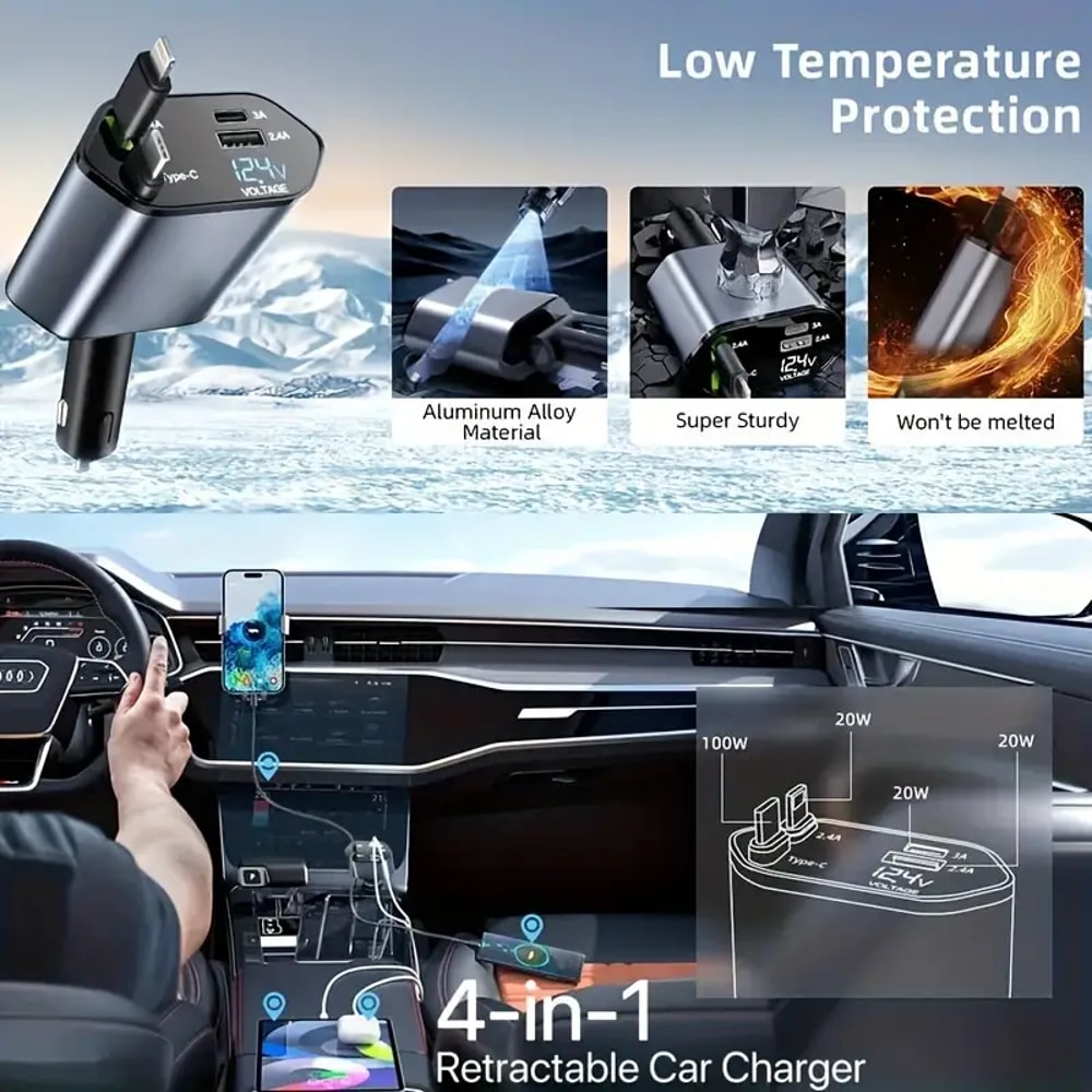 USB Type C Fast Charger Cable Retractable Car Cigarette Lighter Adapter For IPhone Samsung 2