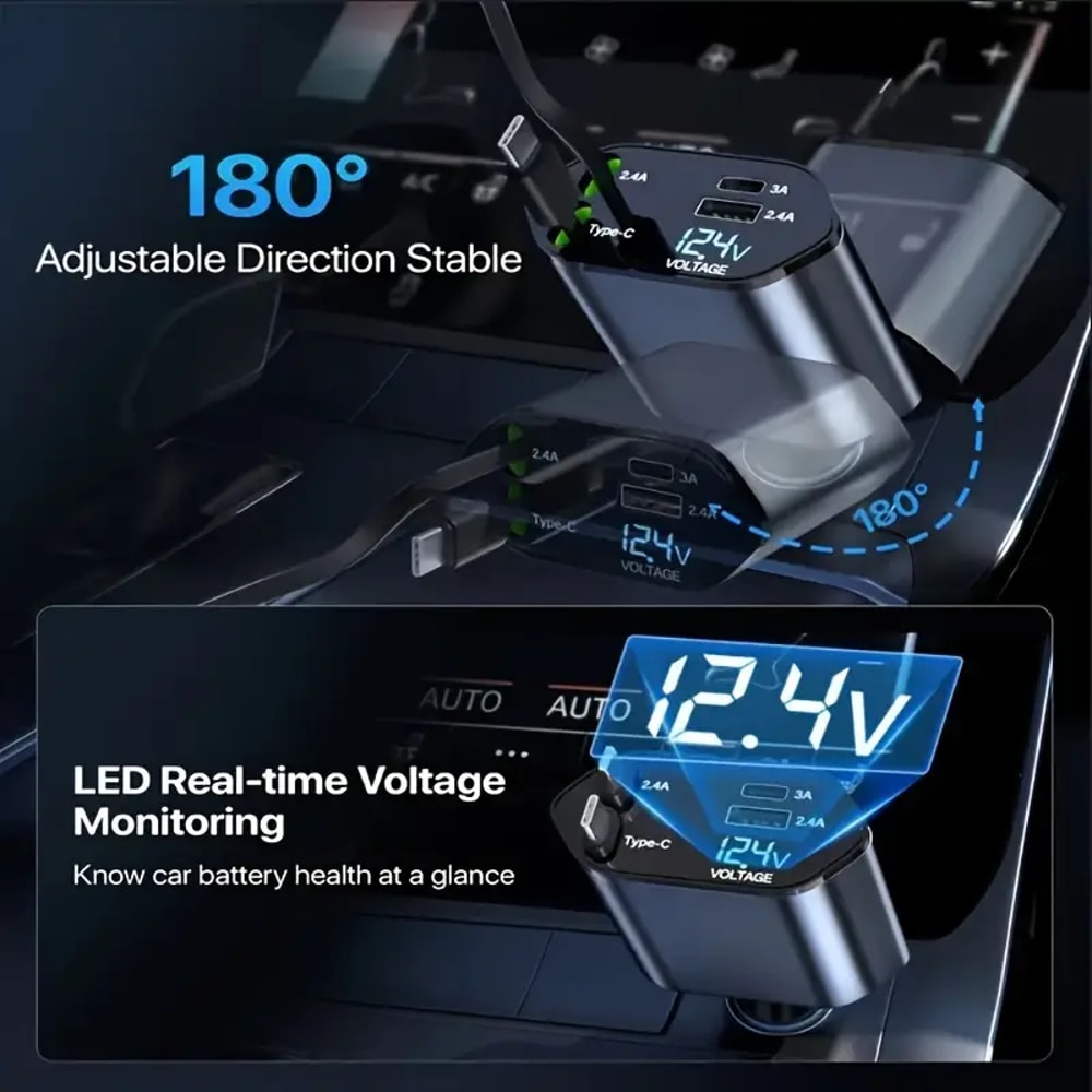 USB Type C Fast Charger Cable Retractable Car Cigarette Lighter Adapter For IPhone Samsung 3