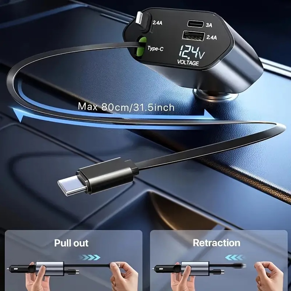 USB Type C Fast Charger Cable Retractable Car Cigarette Lighter Adapter For IPhone Samsung 4