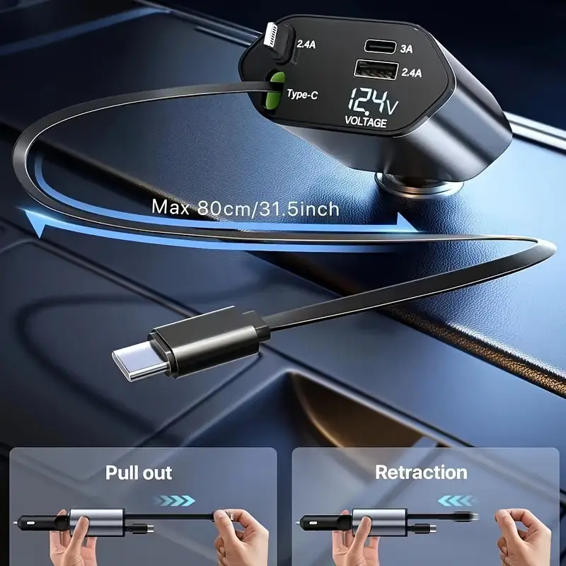 USB Type C Fast Charger Cable Retractable Car Cigarette Lighter Adapter For IPhone Samsung 4