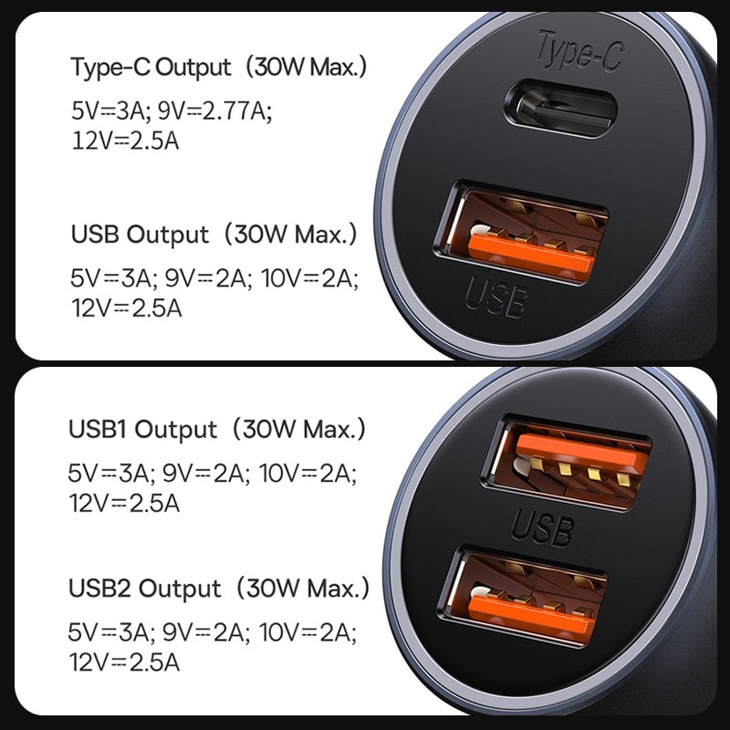 Baseus 60W Metal USB Type C Car Charger Quick Charge SCP AFC QC 40 PD 27W USBC Phone Charger For IP