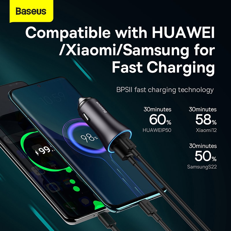 Baseus 60W Metal USB Type C Car Charger Quick Charge SCP AFC QC 40 PD 27W USBC Phone Charger For IP