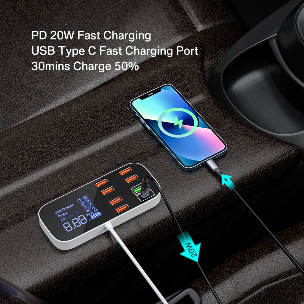 Type C Fast Car Phone Charger Multi USB Charger For Android IPhone With LED Display 1