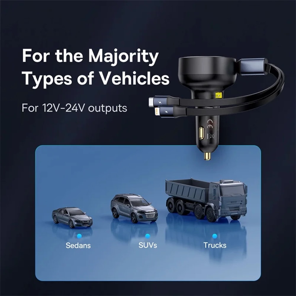 Dual Retractable Cable Car Phone Charger For Samsung IPhone Xiaomi Charger TypeC USB PD QC PPS Fast 5