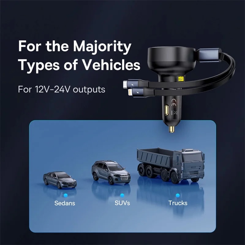 Dual Retractable Cable Car Phone Charger For Samsung IPhone Xiaomi Charger TypeC USB PD QC PPS Fast 5