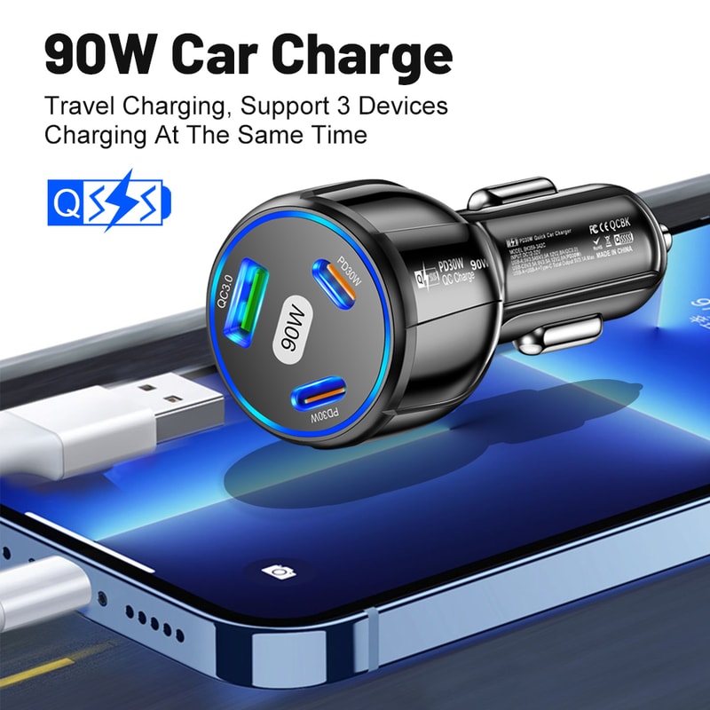 Quick Charger in Car, Ports PD USB Car Charging Mobile Phone Type C Adapter for iPhone Pro Max Samsung