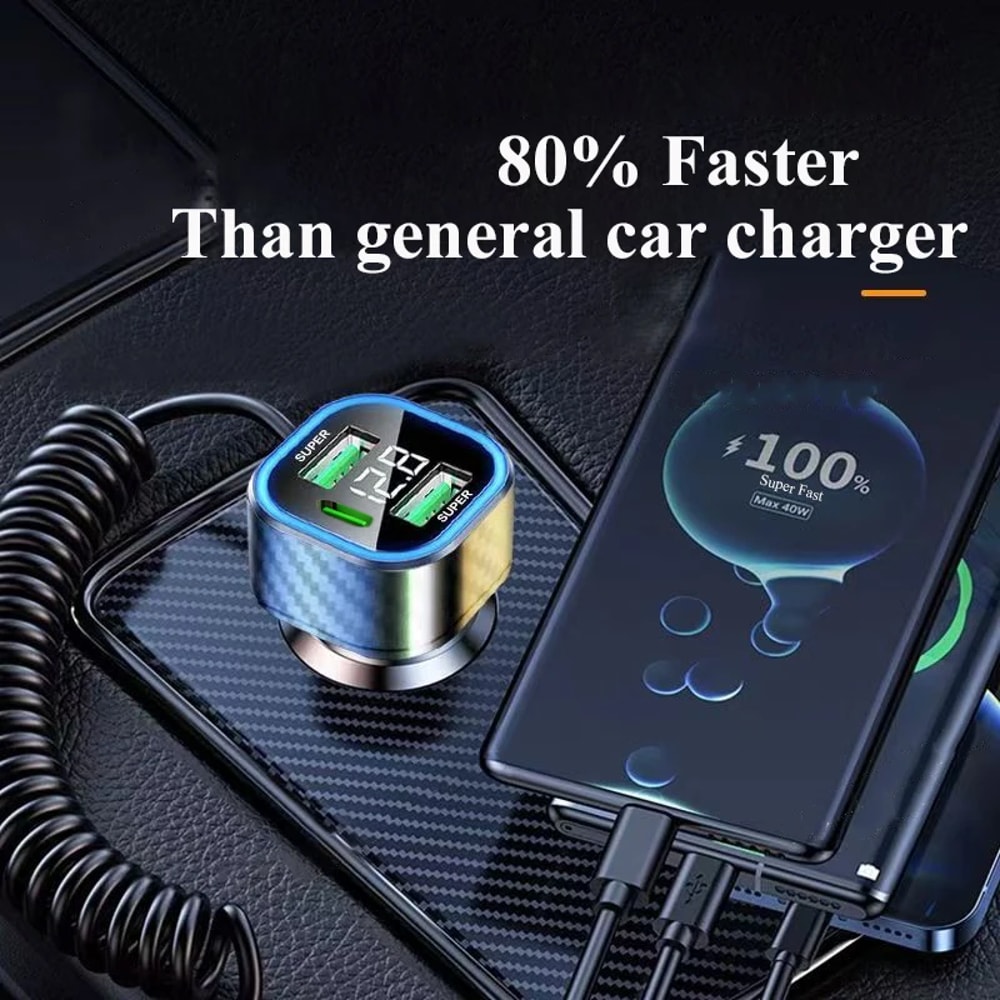 Voltage Display Spring Cable Super Fast For IPhone Pro Max Samsung USB C Car Phone Charger Adapter 2