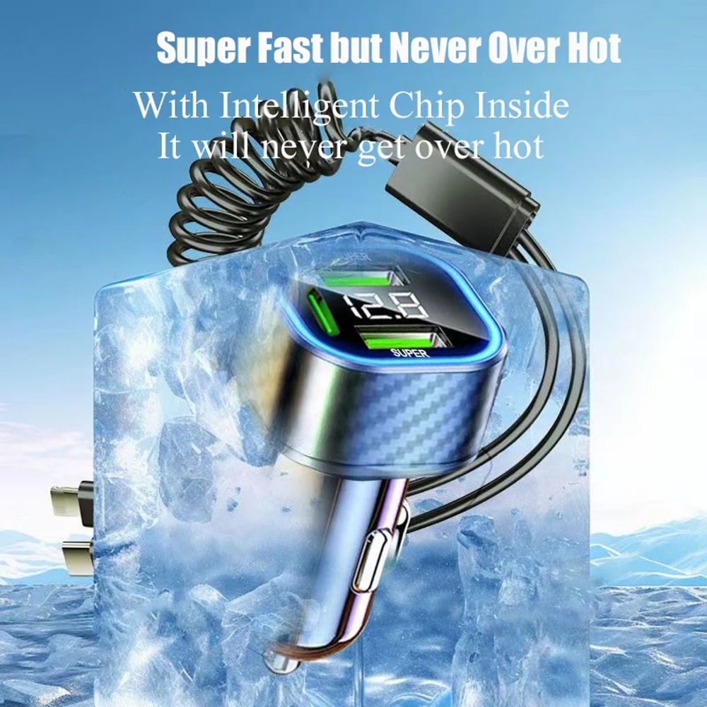 Voltage Display Spring Cable Super Fast For IPhone Pro Max Samsung USB C Car Phone Charger Adapter 3