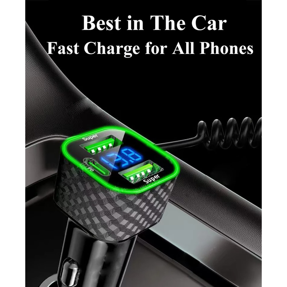 Voltage Display Spring Cable Super Fast For IPhone Pro Max Samsung USB C Car Phone Charger Adapter 5