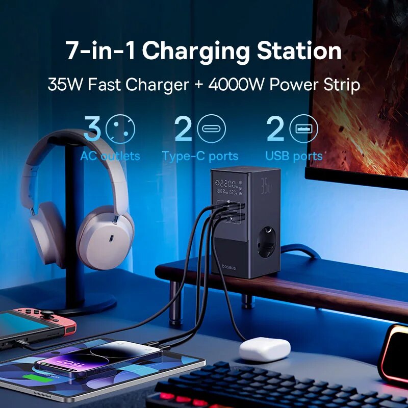 Charging Station With Surge Protector Digital Display For IPhone Xiaomi Power Strip Desktop 1