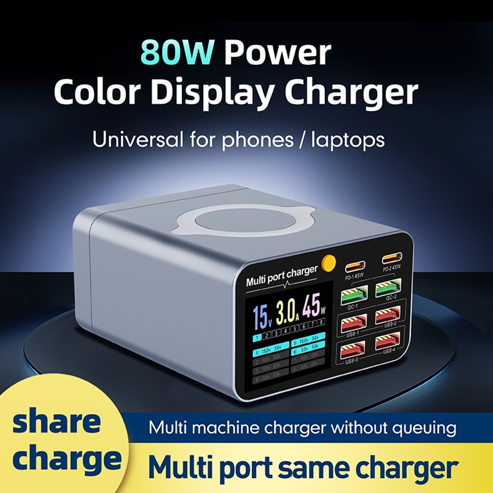 Wireless Digital Display Desktop USB Type C PD Quick Charger For Laptop Tablet Phone 5