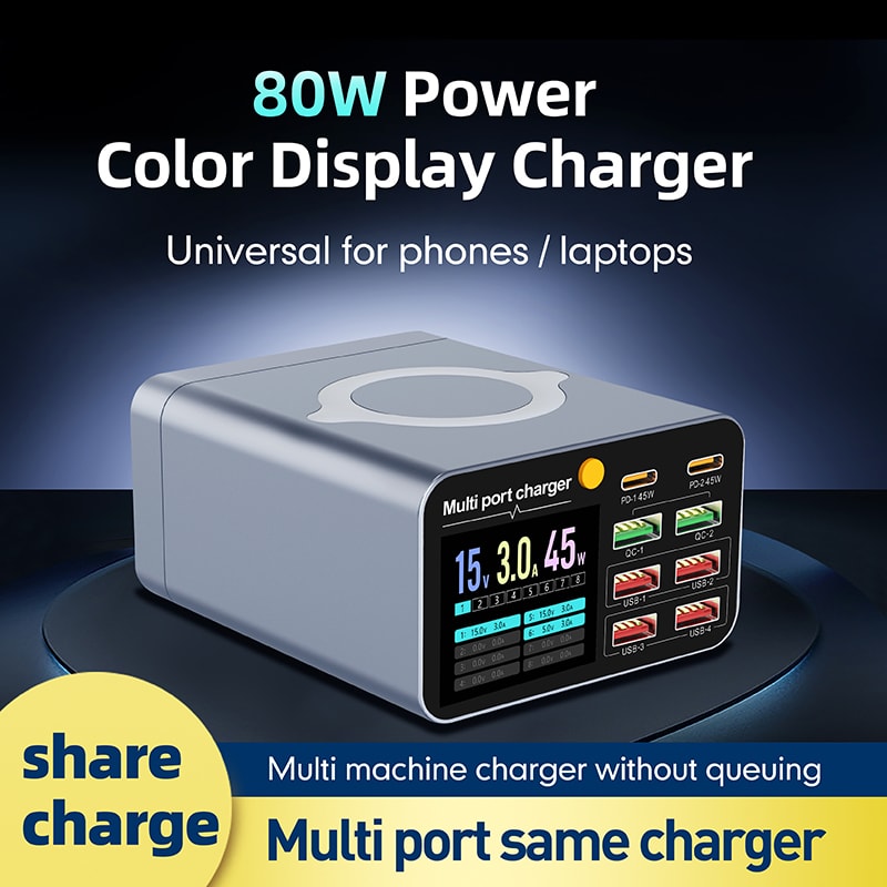 Wireless Digital Display Desktop USB Type C PD Quick Charger For Laptop Tablet Phone 5