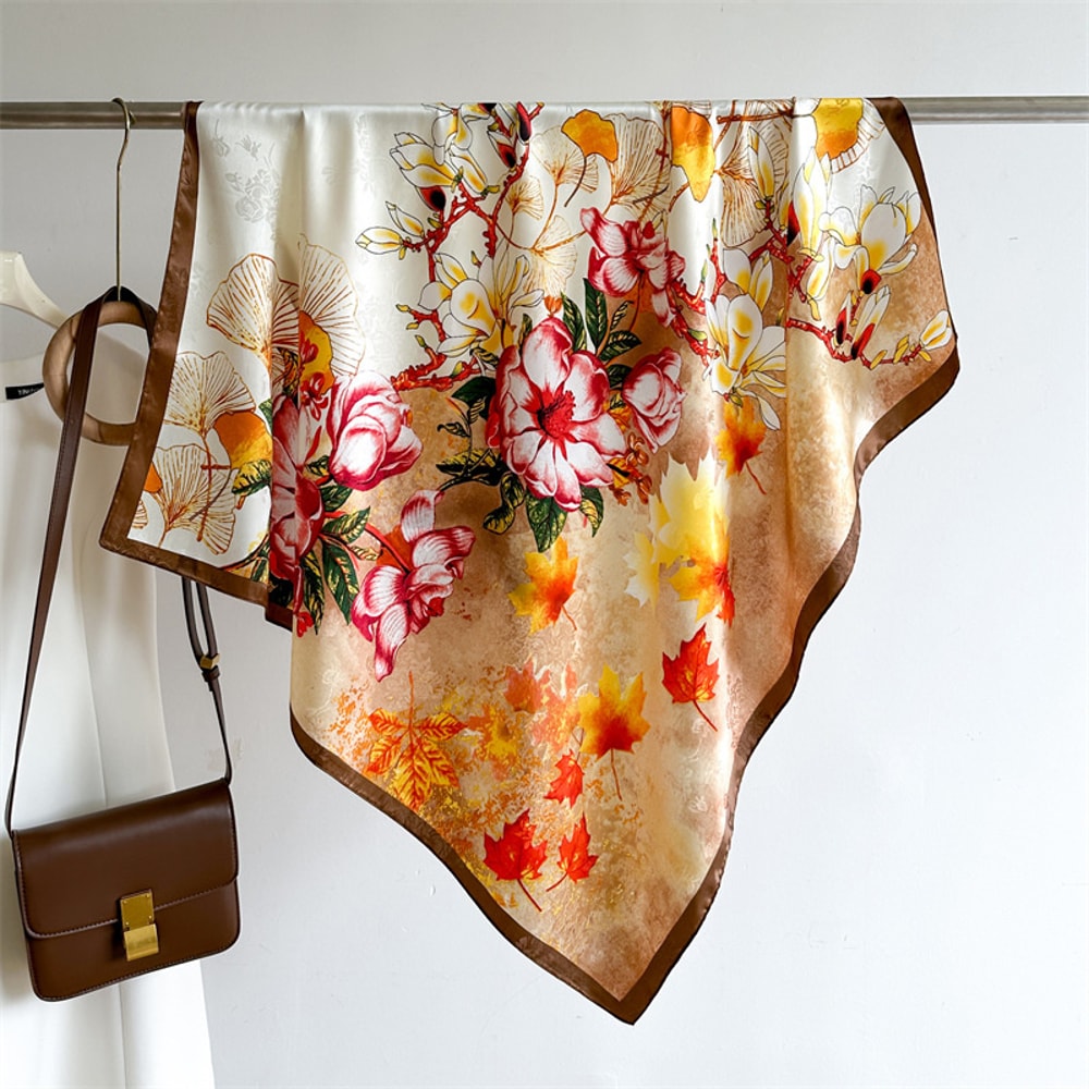 Elegant Twill Silk Feeling Shawls And Wraps Luxury Hair Scarves Tree Print Bandana Hijab Pashmina 13