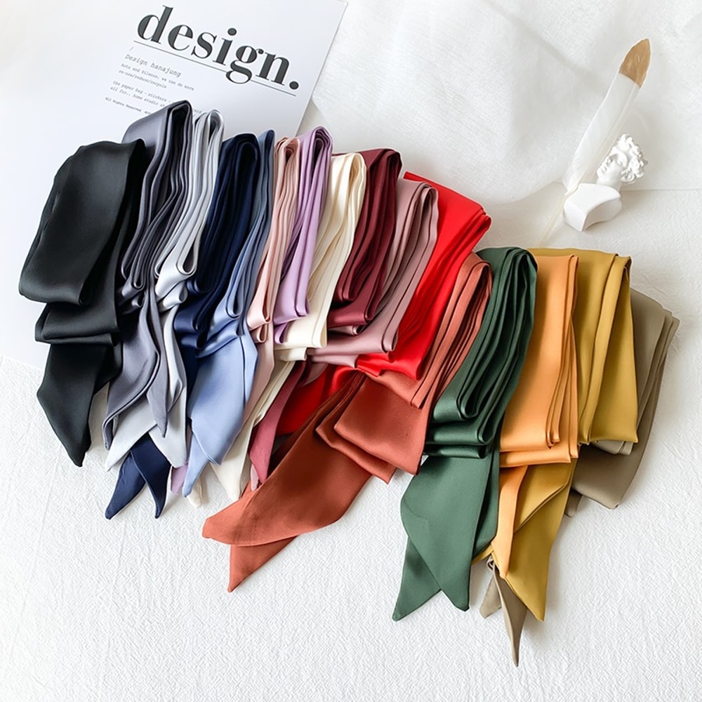 5X190CM Women Narrow Long Scarf 190x5cm Solid Color Chiffon Silk Rubber Red Tie Black Bag Ribbon He 1