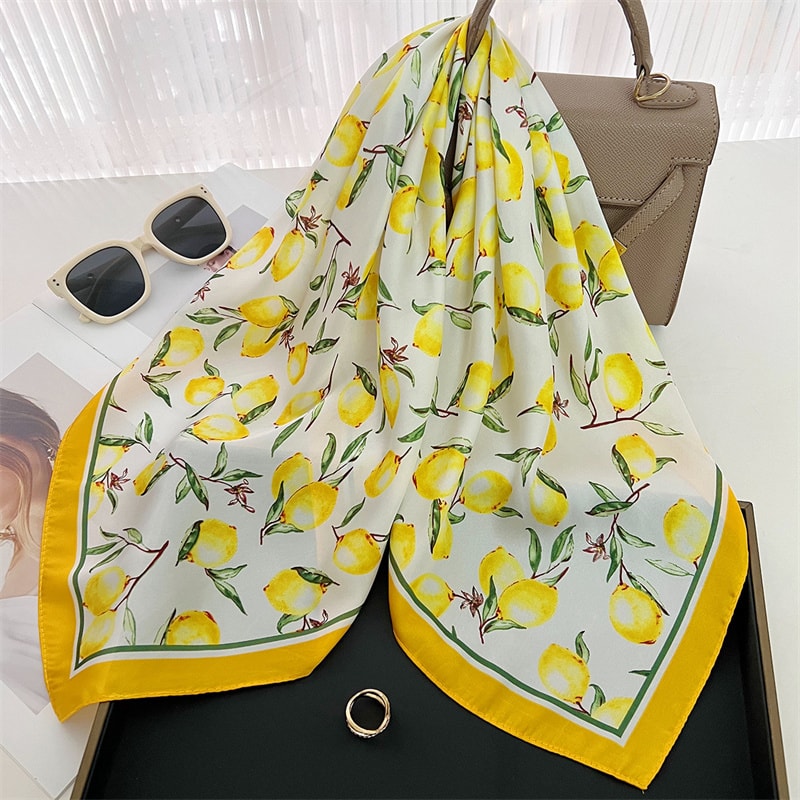Elegant Yellow Square Silk Scarf Breathable Neck Windproof Women Hair Wrap 2