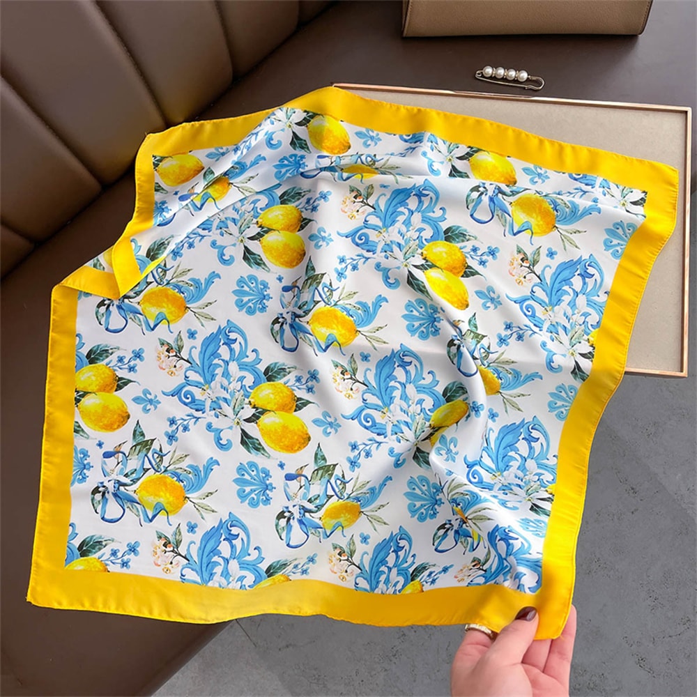Elegant Yellow Square Silk Scarf Breathable Neck Windproof Women Hair Wrap 10