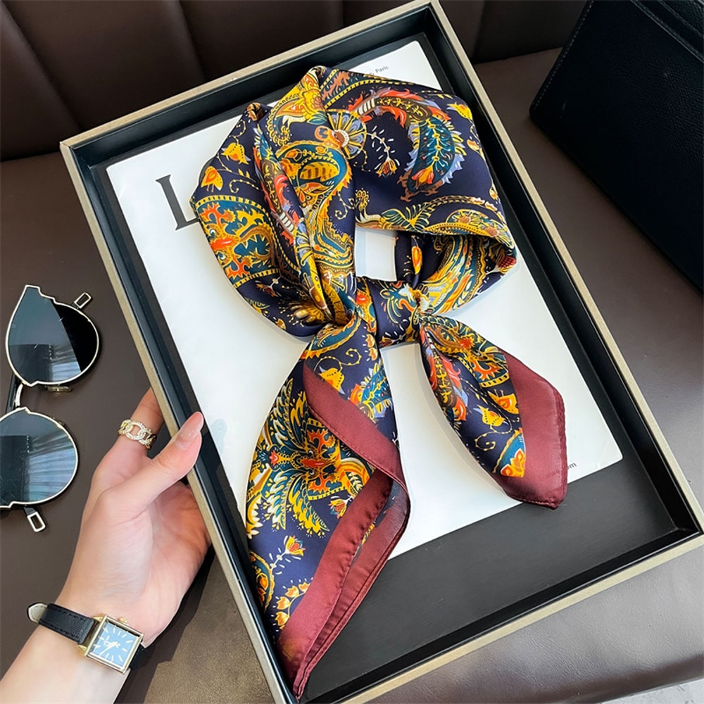 Elegant Yellow Square Silk Scarf Breathable Neck Windproof Women Hair Wrap 11