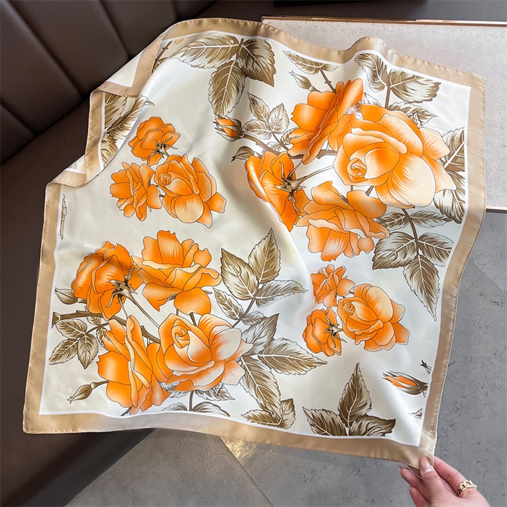 Elegant Yellow Square Silk Scarf Breathable Neck Windproof Women Hair Wrap 12