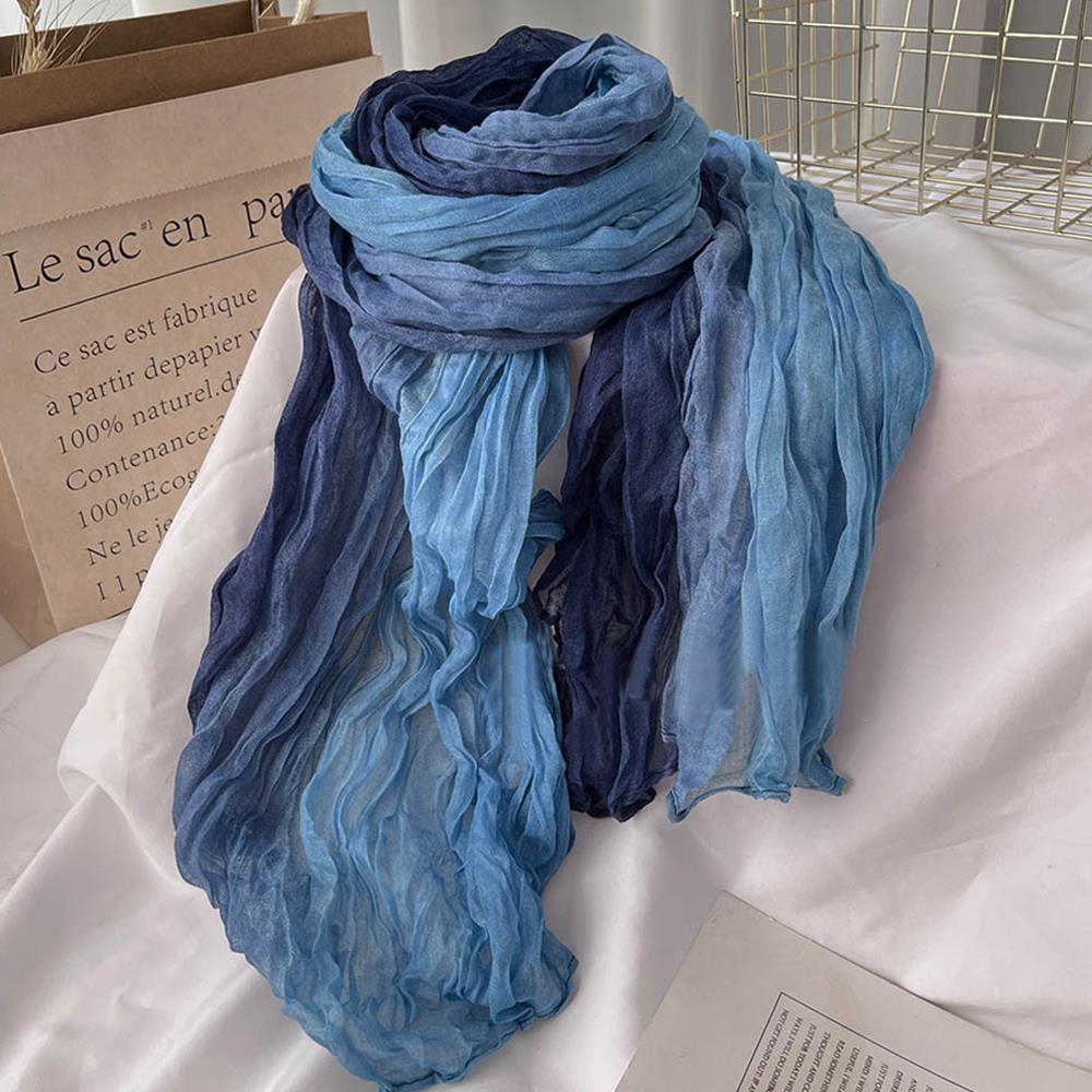 Korean Trendy Hemp Gradient Blue Shawl, Soft Autumn Winter Fashion, Versatile Folded Long Women Printed DIY Scarf