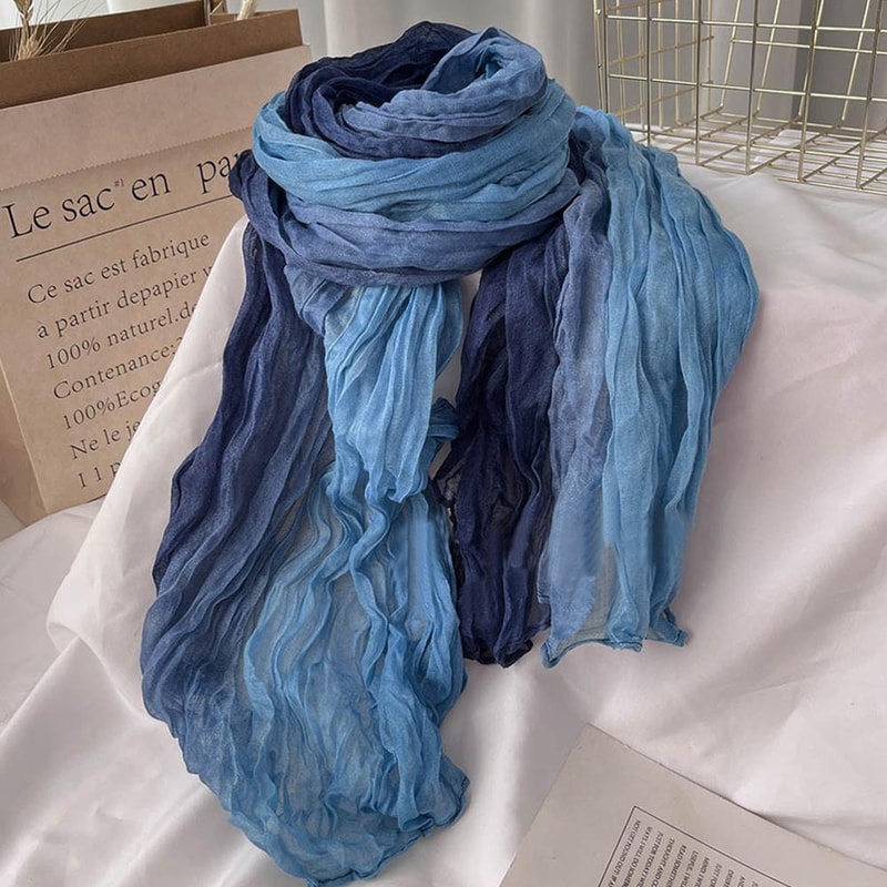 Korean Trendy Hemp Gradient Blue Shawl, Soft Autumn Winter Fashion, Versatile Folded Long Women Printed DIY Scarf