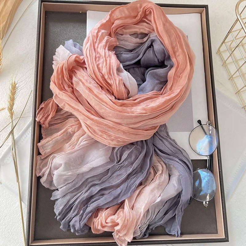 Korean Trendy Hemp Gradient Blue Shawl, Soft Autumn Winter Fashion, Versatile Folded Long Women Printed DIY Scarf