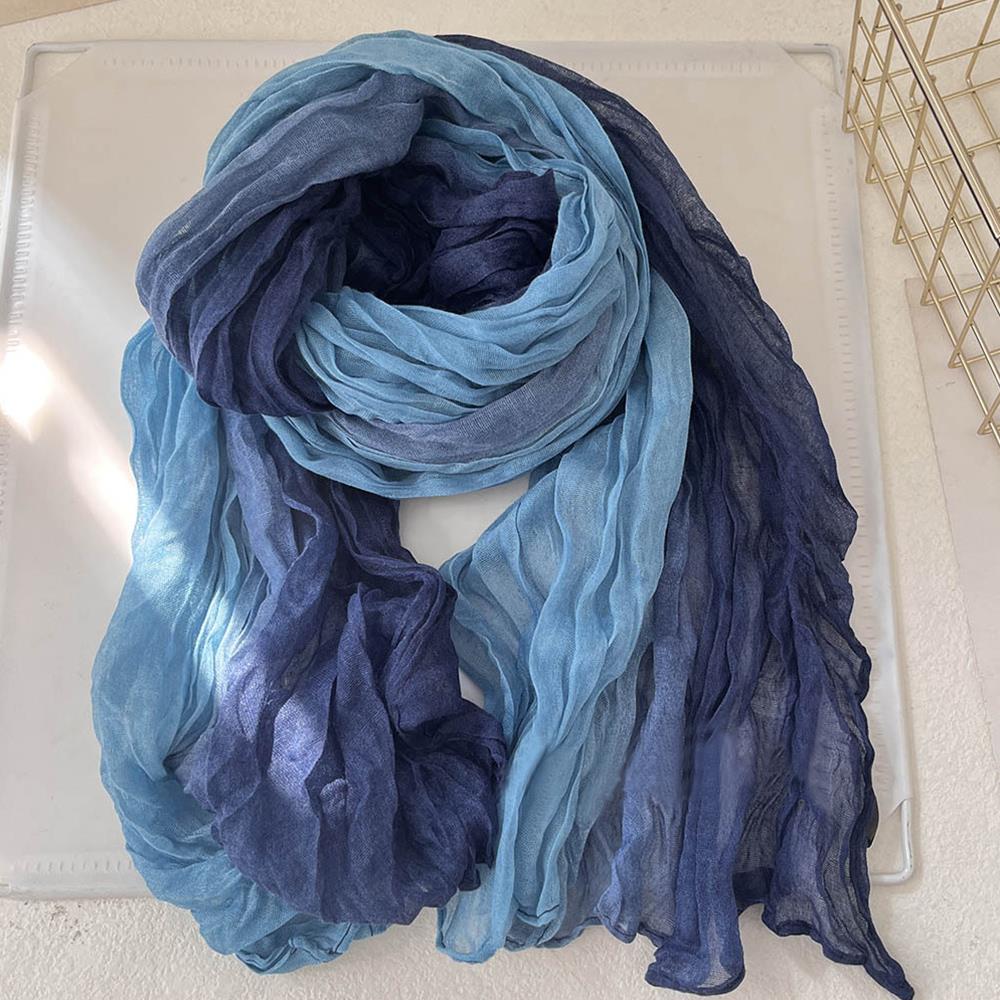 Korean Trendy Hemp Gradient Blue Shawl, Soft Autumn Winter Fashion, Versatile Folded Long Women Printed DIY Scarf
