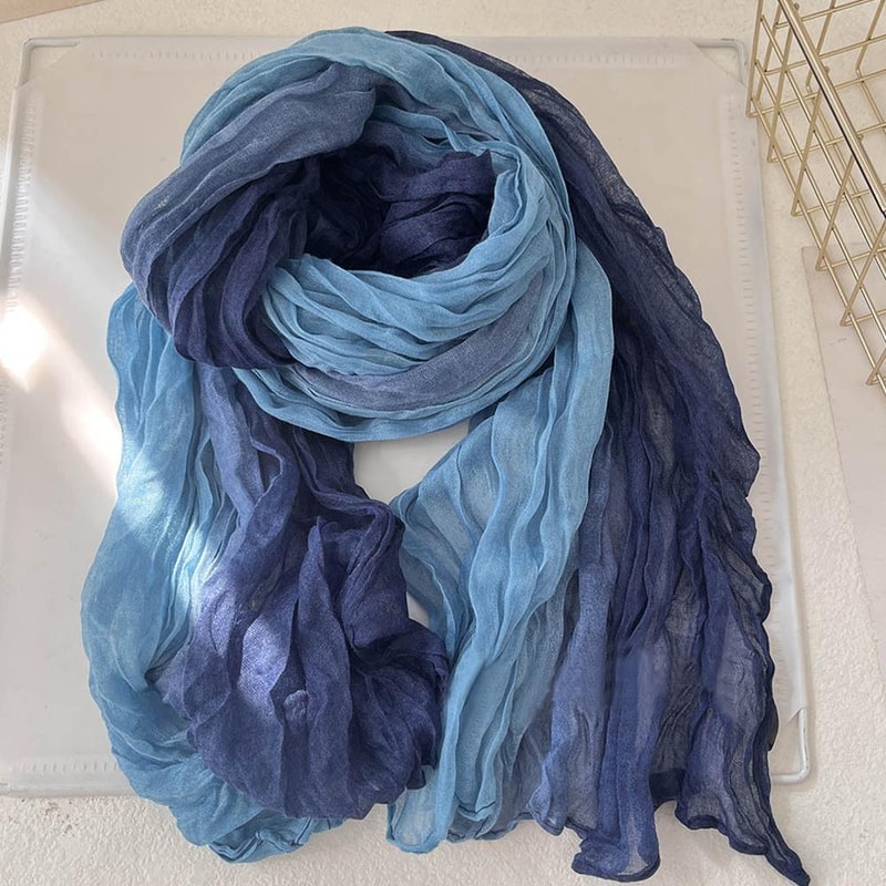 Korean Trendy Hemp Gradient Blue Shawl, Soft Autumn Winter Fashion, Versatile Folded Long Women Printed DIY Scarf