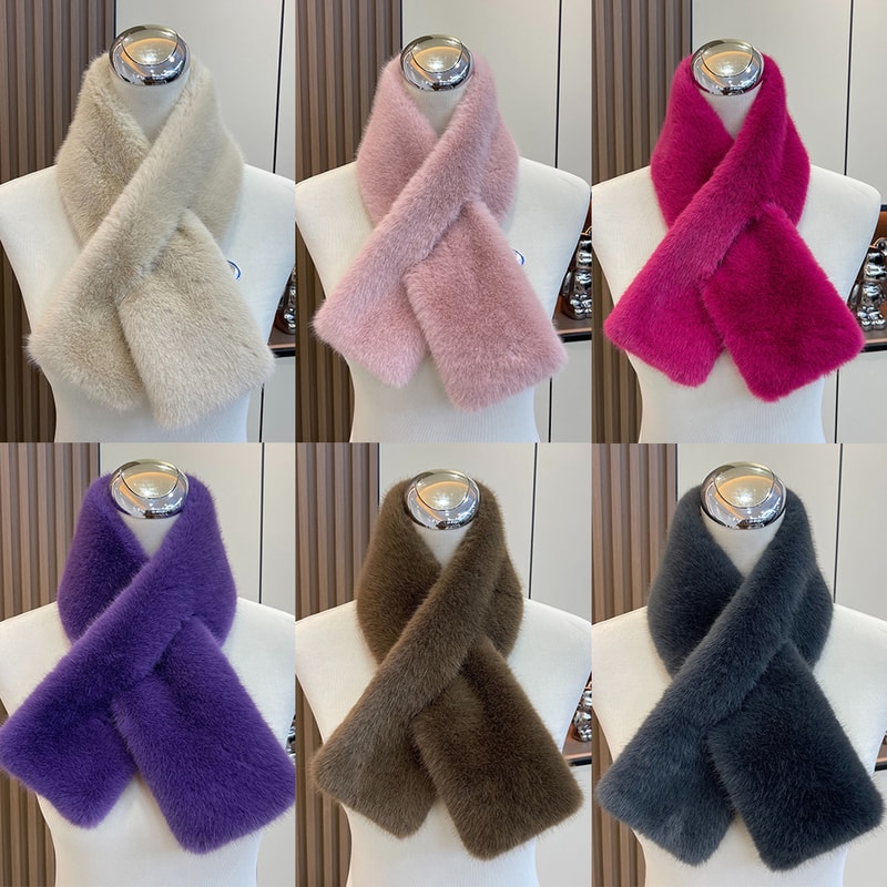 Cute Solid Color Faux Rabbit Fur Scarf, Winter Thickened Soft Furry Neck Warmer for Women