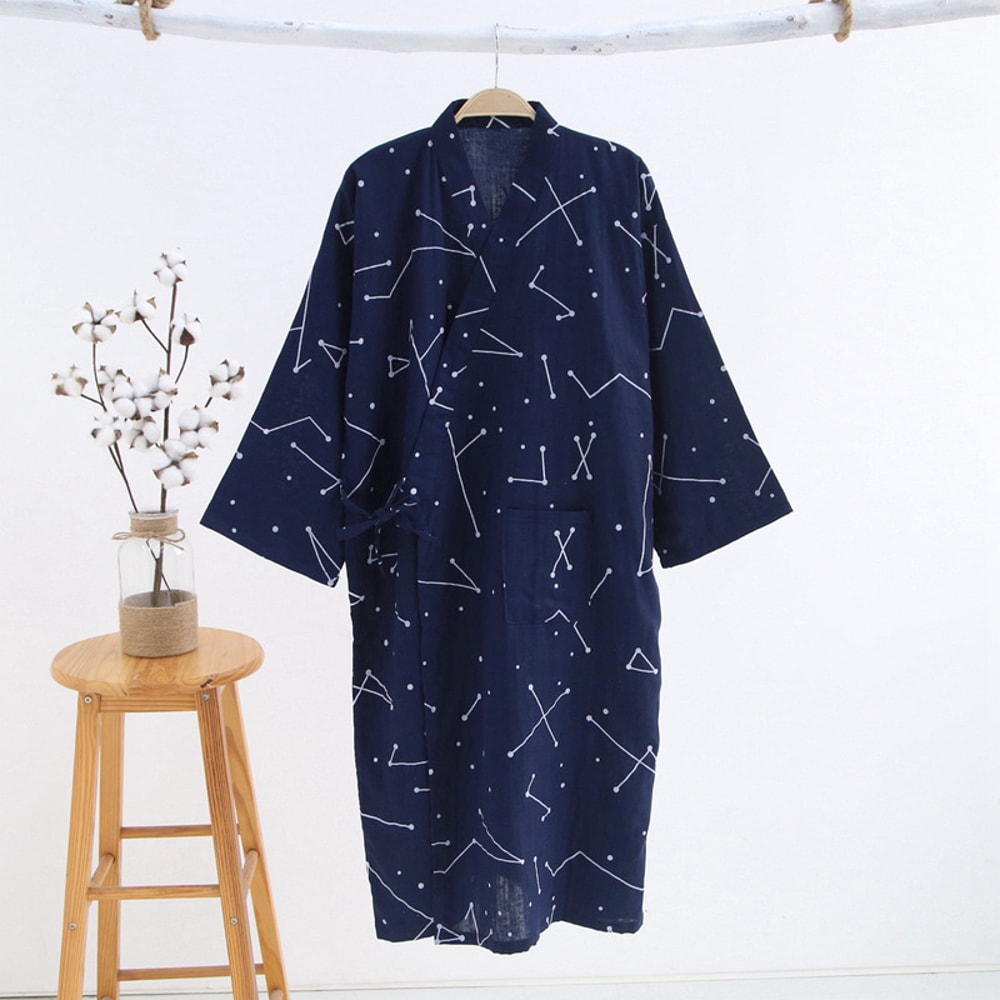 Men's Hooded Cotton Gauze Robe, Thin Yukata Kimono Pajamas, V-Neck Cotton Bathrobe