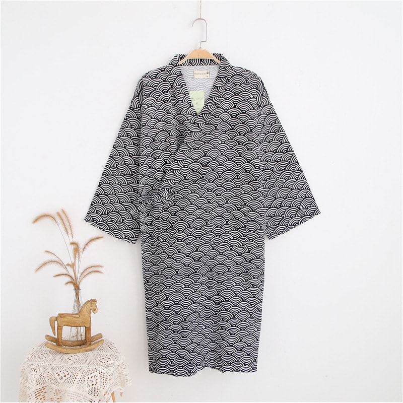 Men's Hooded Cotton Gauze Robe, Thin Yukata Kimono Pajamas, V-Neck Cotton Bathrobe