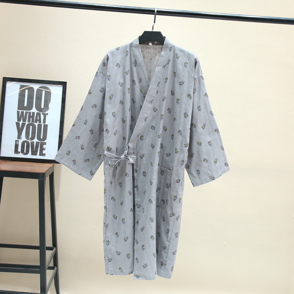 Men's Hooded Cotton Gauze Robe, Thin Yukata Kimono Pajamas, V-Neck Cotton Bathrobe