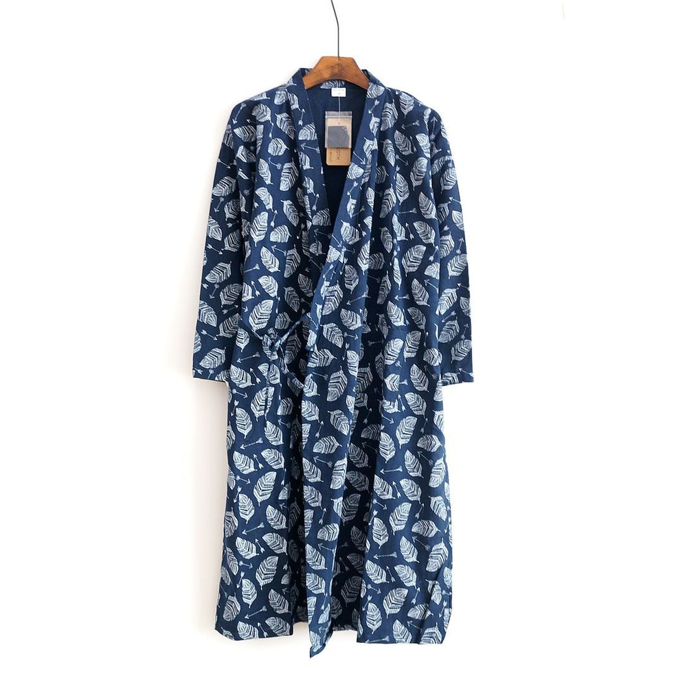 Men's Hooded Cotton Gauze Robe, Thin Yukata Kimono Pajamas, V-Neck Cotton Bathrobe