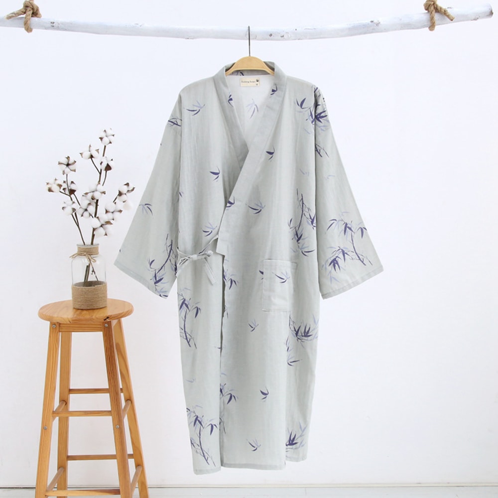 Men's Hooded Cotton Gauze Robe, Thin Yukata Kimono Pajamas, V-Neck Cotton Bathrobe