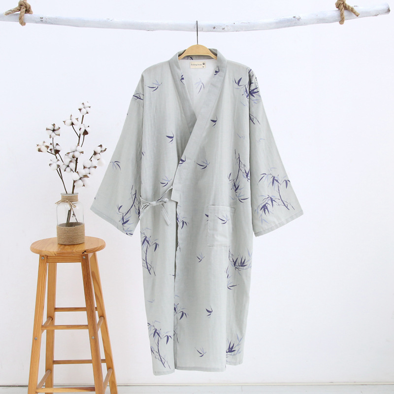 Men's Hooded Cotton Gauze Robe, Thin Yukata Kimono Pajamas, V-Neck Cotton Bathrobe
