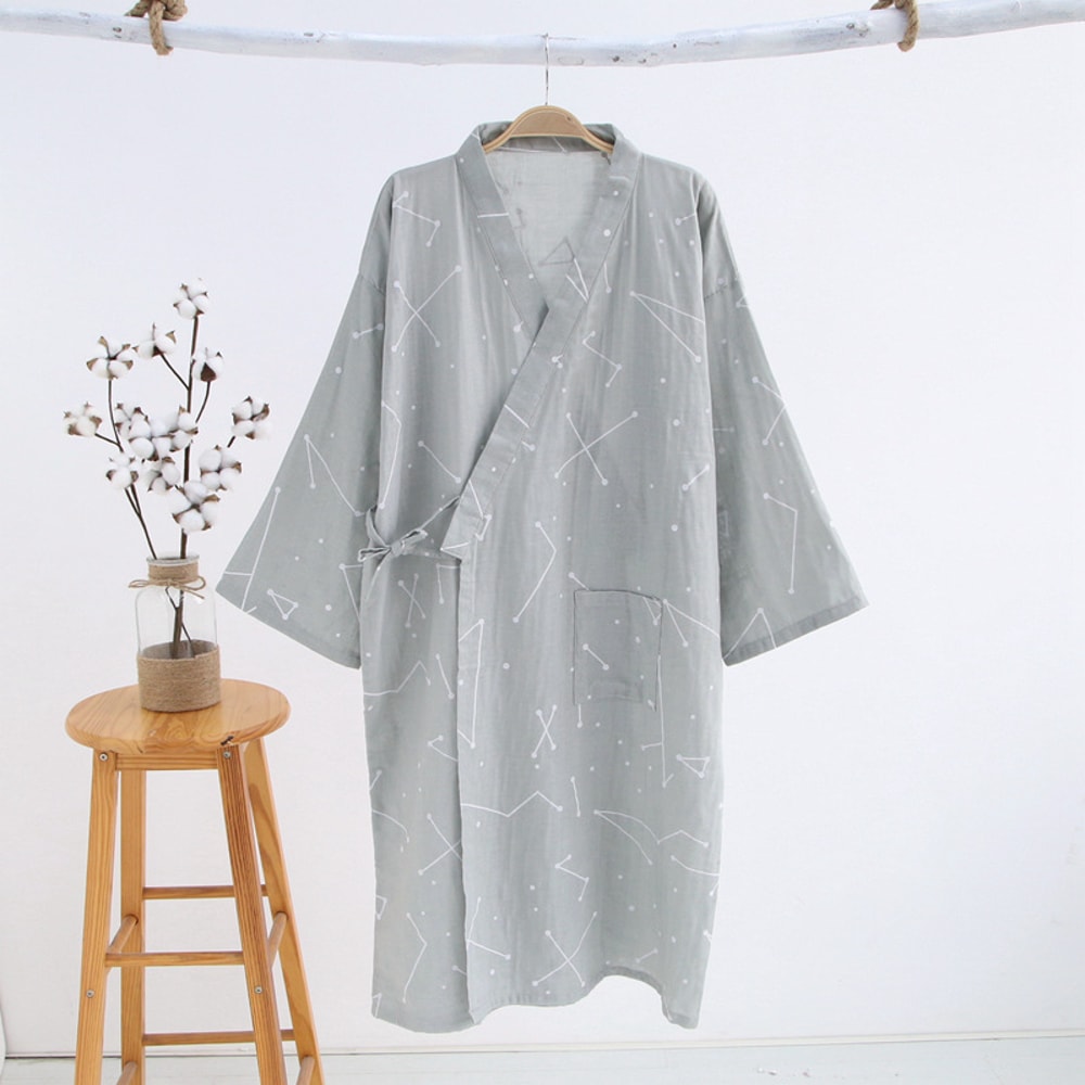 Men's Hooded Cotton Gauze Robe, Thin Yukata Kimono Pajamas, V-Neck Cotton Bathrobe