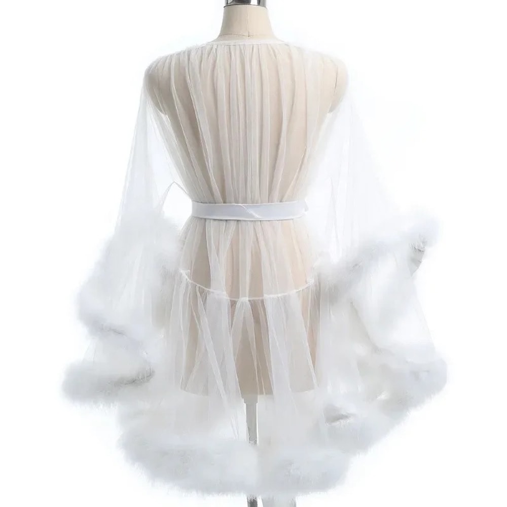 Large Size Sex Fur Bathrobe with Seductive Mesh Perspective, Bridal Passionate Waist Tightening Robe, Dressing Gown